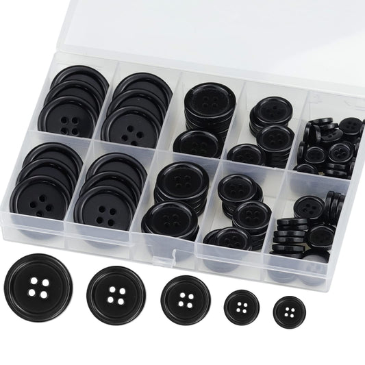 100 Pcs Black Resin Sewing Buttons, 4-Hole Craft Suit Coat Shirt Buttons, 5 Sizes, Round Mixed, with Compartment Storage Box, Suitable for Sewing, DIY and Holiday Decoration