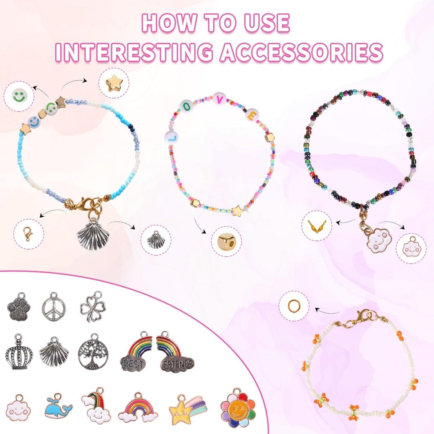 48000pcs Glass Seed Beads Kit for Jewelry Making, 96 Colors 2mm Small Beads with Pendant Charms and Letter Beads for Friendship Bracelet, Necklace Ring Making