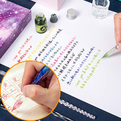 Glass Dip Calligraphy Pen Set, 18-Pieces 14 Color Inks, Pen Holder, Cleaning Cup, 2 Crystal Glass Pens for Art, Writing, Drawing, Signatures, Gift for Kids and Artist