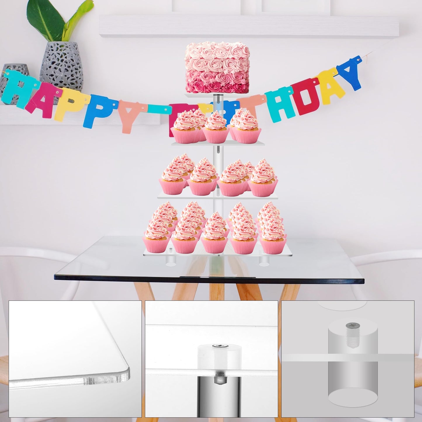 Large 4 Tier Square Acrylic Cupcake Tower Stand for Dessert, Pastry, Serving Platter-Candy Bar Party Décor and Supply(with Rod Feet) (4SF-V2)
