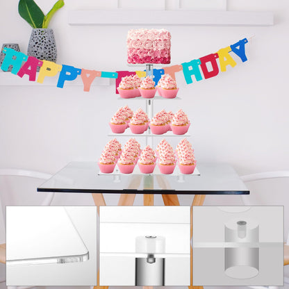 Large 4 Tier Square Acrylic Cupcake Tower Stand for Dessert, Pastry, Serving Platter-Candy Bar Party Décor and Supply(with Rod Feet) (4SF-V2)
