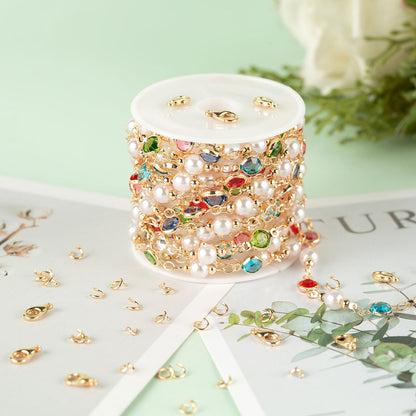 3 Meters Pearl Chains for Jewelry Making, Mixed Color Rhinestone Beaded Chains Bulk with Jump Rings and Lobster Clasps for Crafts DIY Supply Findings