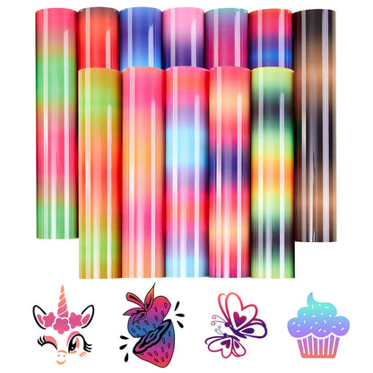 Gradient Heat Transfer Vinyl - 12 Sheets 12 x 10 Inches Bright Ombre Heat Transfer Vinyl Rainbow HTV for T-Shirts DIY Patterned HTV Vinyl Compatible with Sillhoutte Cameo and Cricut