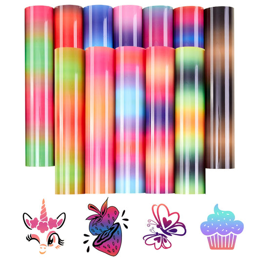 Gradient Heat Transfer Vinyl - 12 Sheets 12 x 10 Inches Bright Ombre Heat Transfer Vinyl Rainbow HTV for T-Shirts DIY Patterned HTV Vinyl Compatible with Sillhoutte Cameo and Cricut
