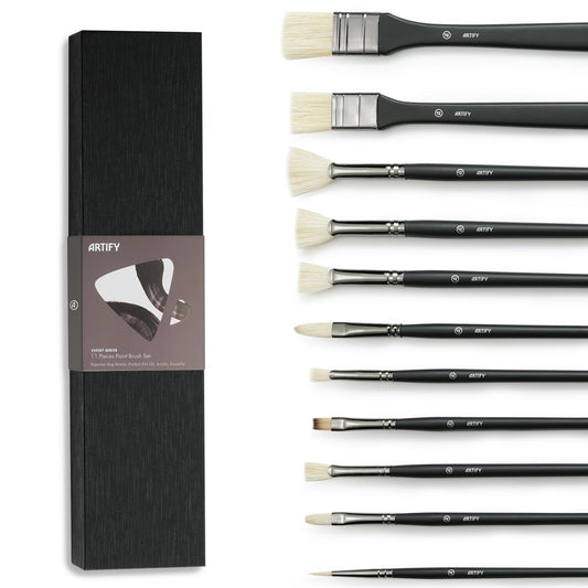 Oil Paint Brush Set - 11 Pieces | Professional Artist Paint Brush Set for Oil, Acylic and Gouache | Natural Hog Bristle Brushes with an Additional Nylon Brush