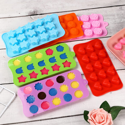 Flower Shape Chocolate Candy Molds Set,Heart,The stars,The rose,Flowers in Combination,15 Cavity Silicone Baking Mold Ice Cube Tray-Wedding,Festival,Parties and DIY Crafts-(6Pcs)