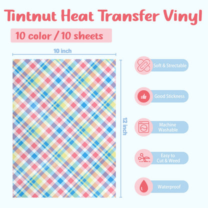 Plaid Heat Transfer Vinyl - 10 Sheets 12x10 Inches Pastel HTV for T-Shirts, Compatible with Cricut or Silhouette Cameo