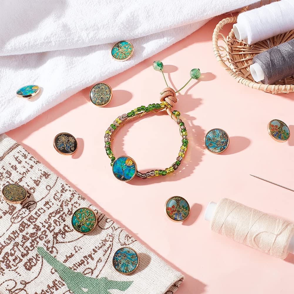 24pcs 6 Styles Enamel Shank Buttons - 18mm Alloy, Tree Theme, Green, Gold, Vintage, Round, for DIY Sewing Crafts