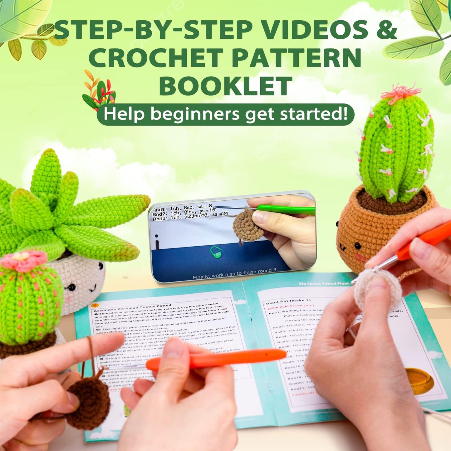 Crochet Kit for Beginners - Crochet Starter Kit with Step-by-Step Video Tutorials, Learn to Crochet Kits for Adults and Kids, DIY Knitting Supplies, 4 Pack Plants Family(40%+ Yarn)
