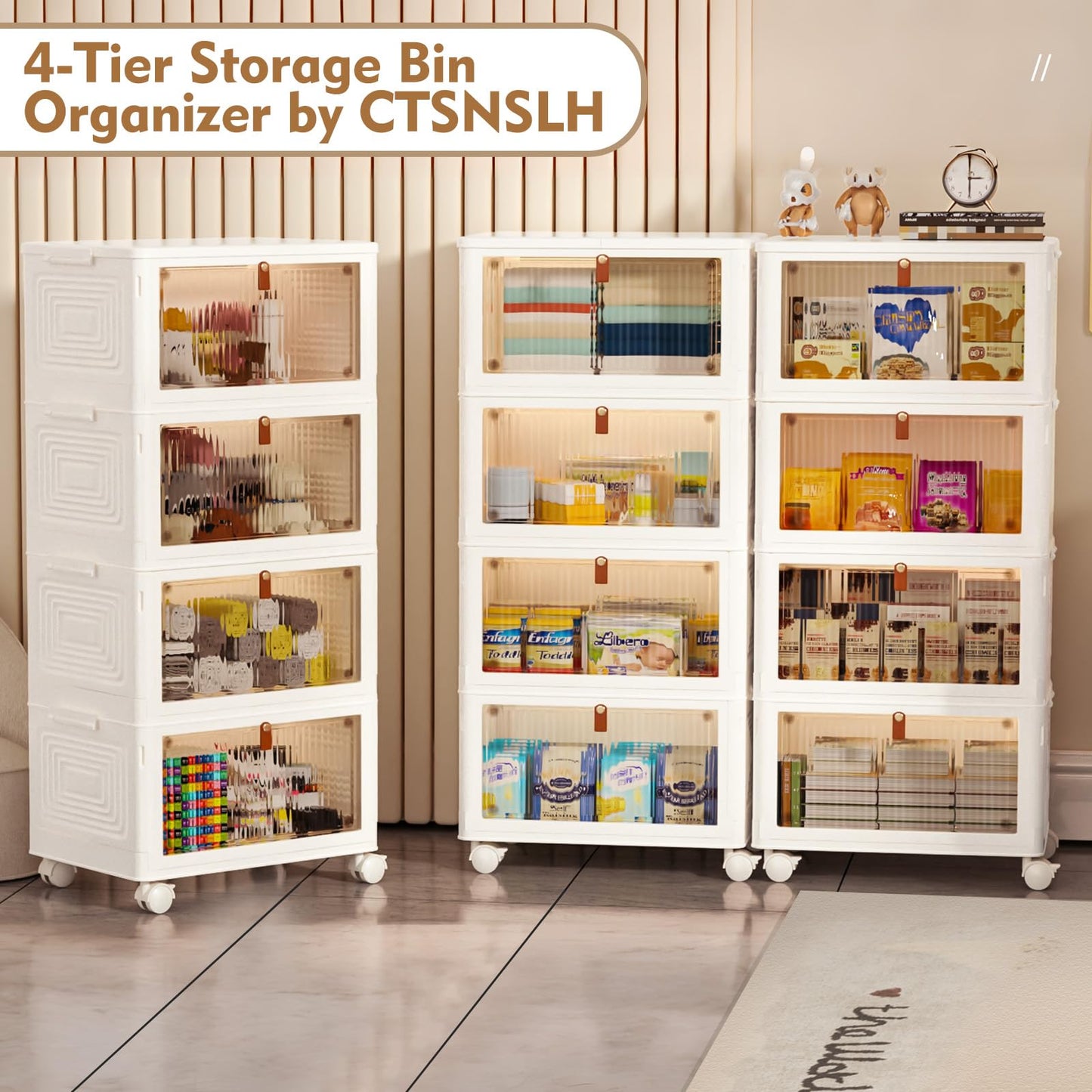 4 Tier Plastic Storage Bins and Boxes Organizer - Stackable with Lids for Bedroom, Living Room, Kitchen, Office - Foldable Containers