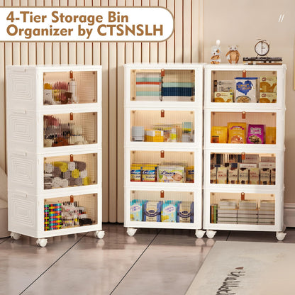 4 Tier Plastic Storage Bins and Boxes Organizer - Stackable with Lids for Bedroom, Living Room, Kitchen, Office - Foldable Containers