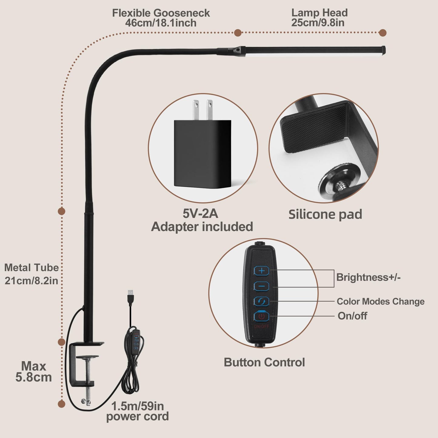 Led Desk Lamp for Home Office, Eye-Caring Desk Light with Clamp, Clip on Light for Reading, 3 Modes 10 Brightness, Flexible Gooseneck, Memory Function, Study, Work, Draw, Black