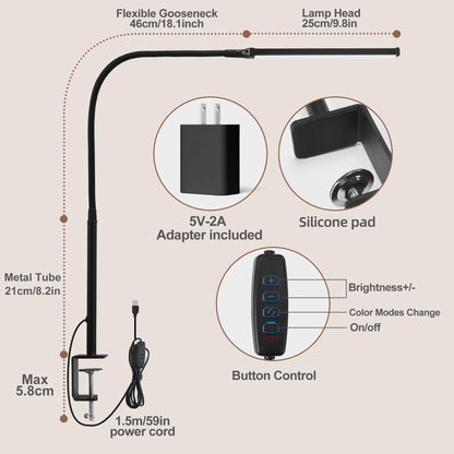 Led Desk Lamp for Home Office, Eye-Caring Desk Light with Clamp, Clip on Light for Reading, 3 Modes 10 Brightness, Flexible Gooseneck, Memory Function, Study, Work, Draw, Black