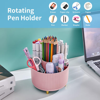 Desk Organizer, 360-Degree Rotating Pen Holder, Desk Organizers and Accessories with 5 Compartments Pencil Organizer, Art Supply Storage Box Caddy for Office, Home(Pink/Purple Random)