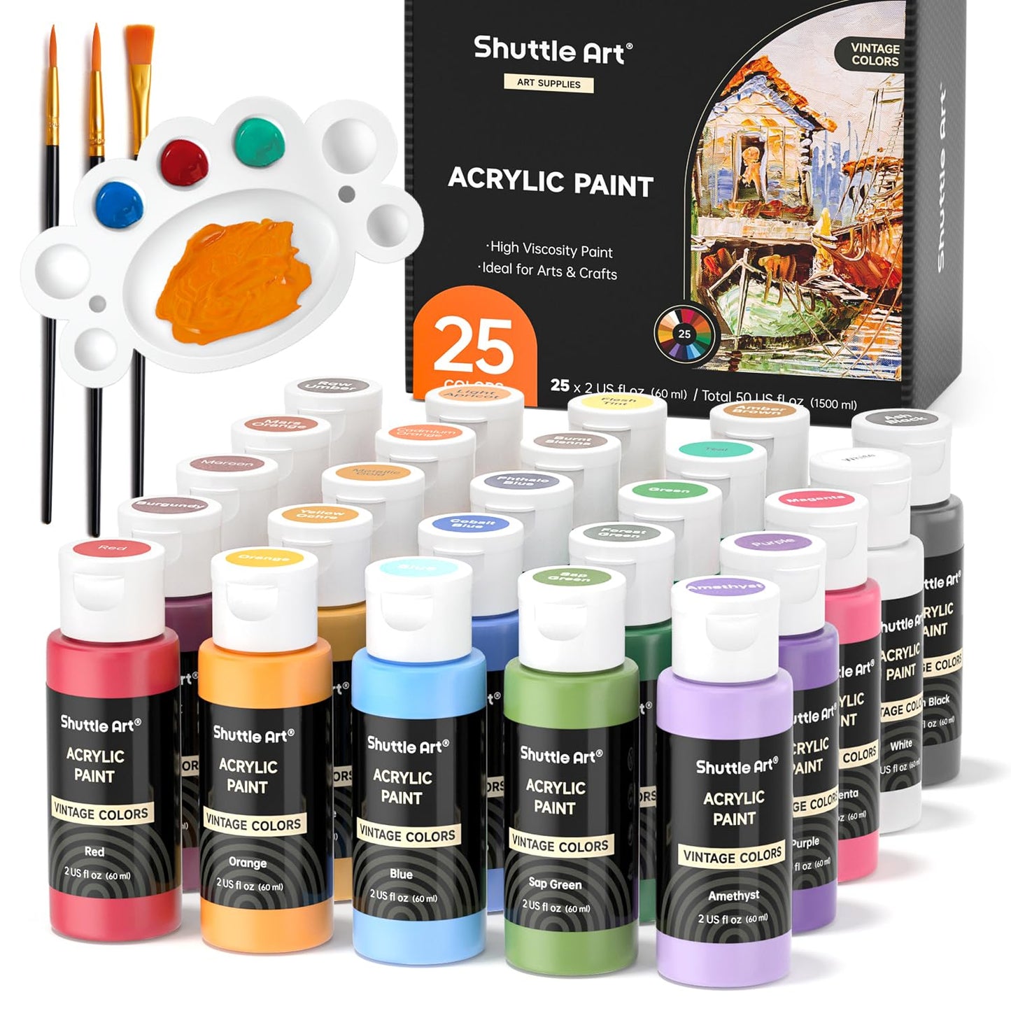 Premium Paint Set, 25 Vintage Colours, 2oz/60ml Bottles, Rich Pigmented Acrylic Paints for Artists, Beginners and Kids on Canvas, Wood, Ceramic