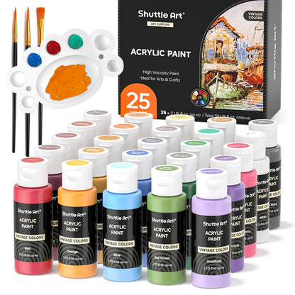 Premium Paint Set, 25 Vintage Colours, 2oz/60ml Bottles, Rich Pigmented Acrylic Paints for Artists, Beginners and Kids on Canvas, Wood, Ceramic