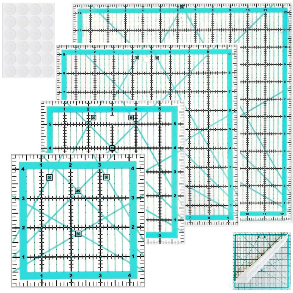 Quilting Rulers,4 Square Quilting Templates(4.5"X4.5", 6"X6", 9.5"X9.5", 12.5"X12.5"),Acrylic Fabric Cutting Ruler with Non-Slip Rings for Sewing