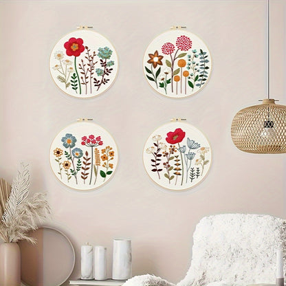 4pcs Set of Fluffy Flower and Grass Pattern Embroidery DIY, Theme Embroidery Cross Stitch Art Kit