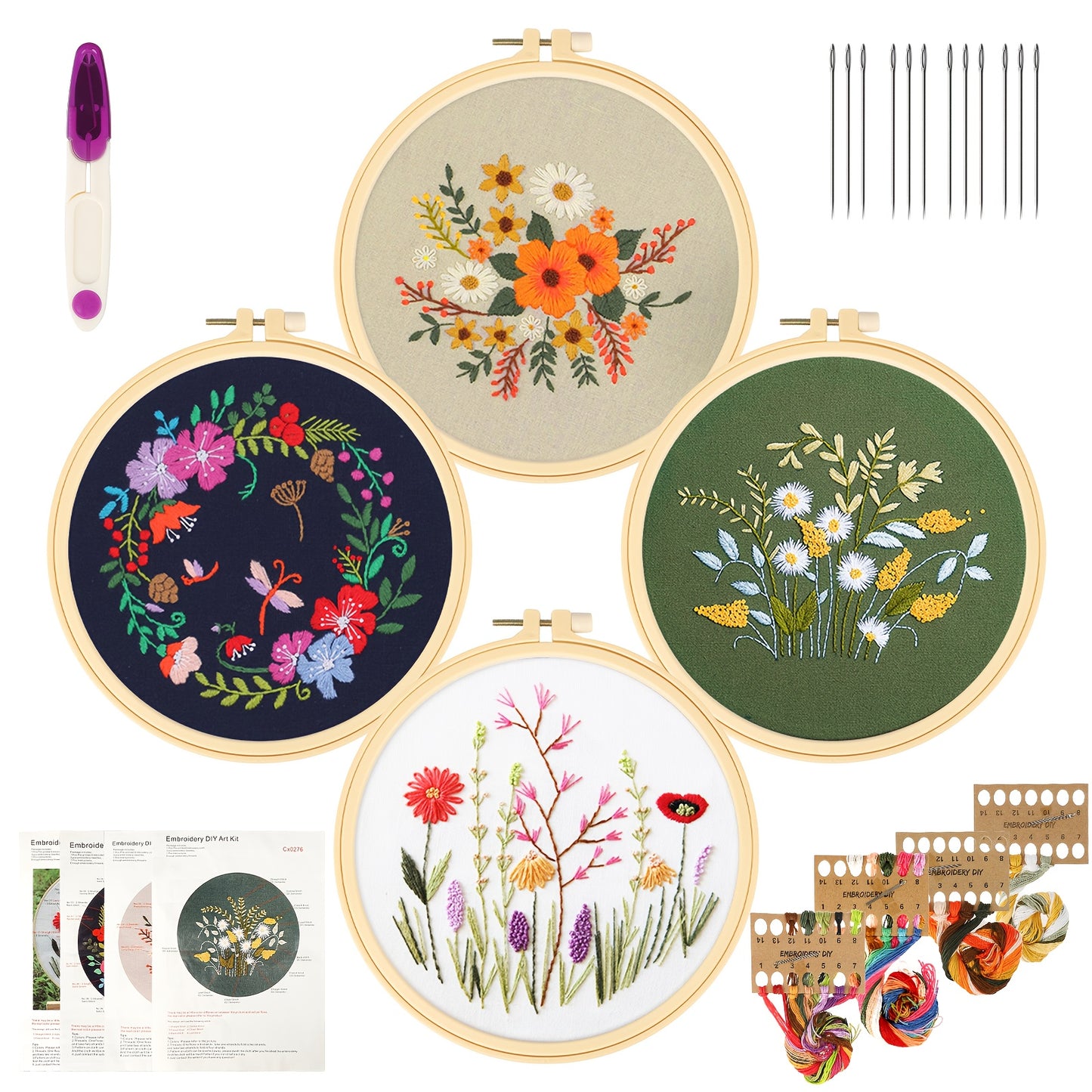 Embroidery Starter Kit with Hoop, Floral Pattern, Threads, Needles and Instructions