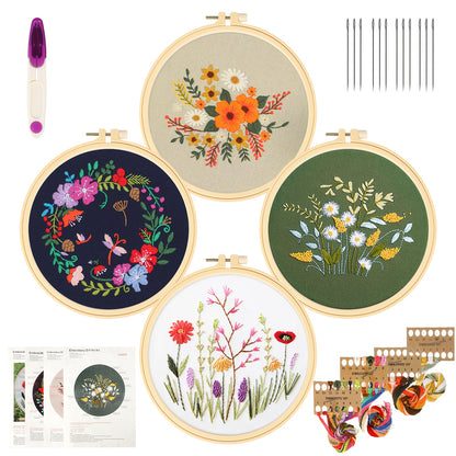 Embroidery Starter Kit with Hoop, Floral Pattern, Threads, Needles and Instructions