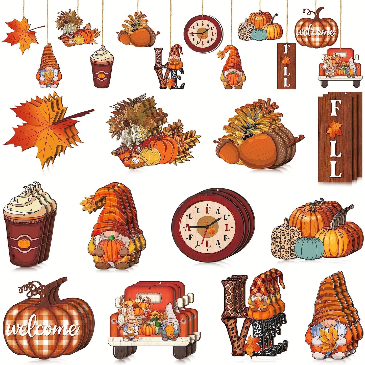 24-Pack Wooden Fall Hanging Decor - Pumpkin & Leaf Ornaments for Thanksgiving, Autumn Tree & Wall Decoration