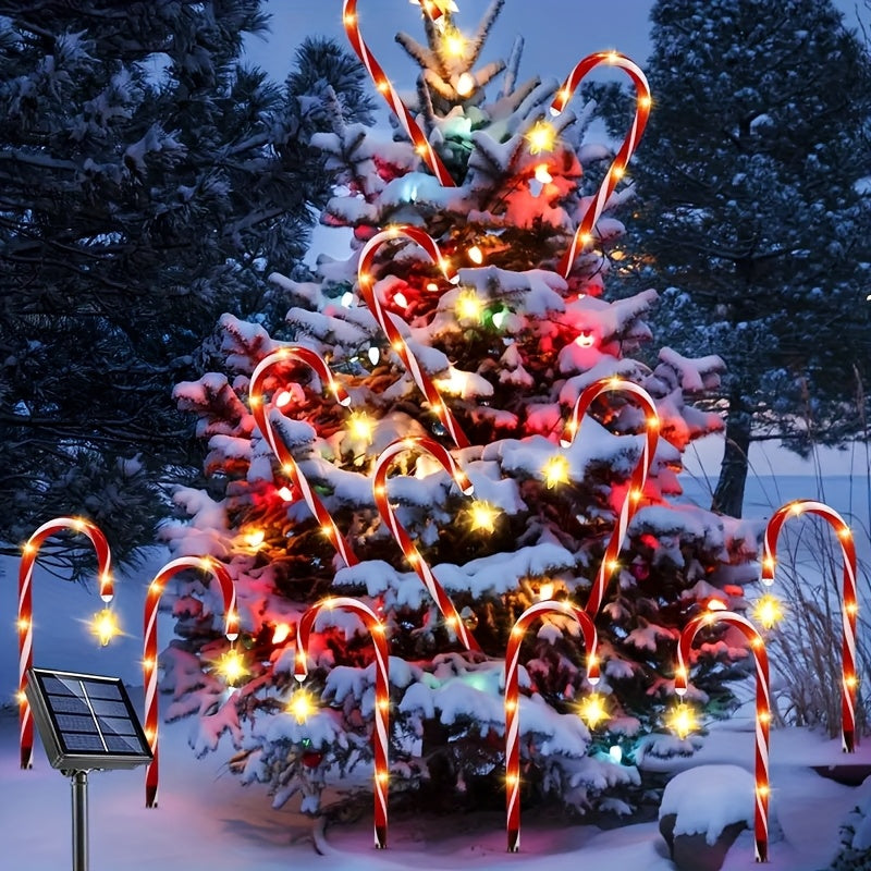 16 Solar-Powered Candy Cane Lights, 5-In-1, 96 LED Bulbs, 8 Lighting Modes, Indoor And Outdoor Christmas Decoration, Festive Red And White Striped Design, Suitable for Lawns, Yards, Gardens, Christmas Trees, Solar Christmas Lights.