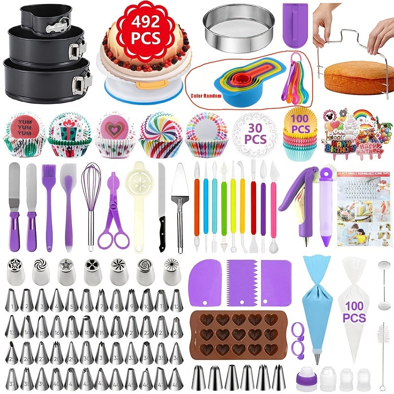 492 pc Cake Decorating Set with Rotating Turntable and Reusable Piping Bags