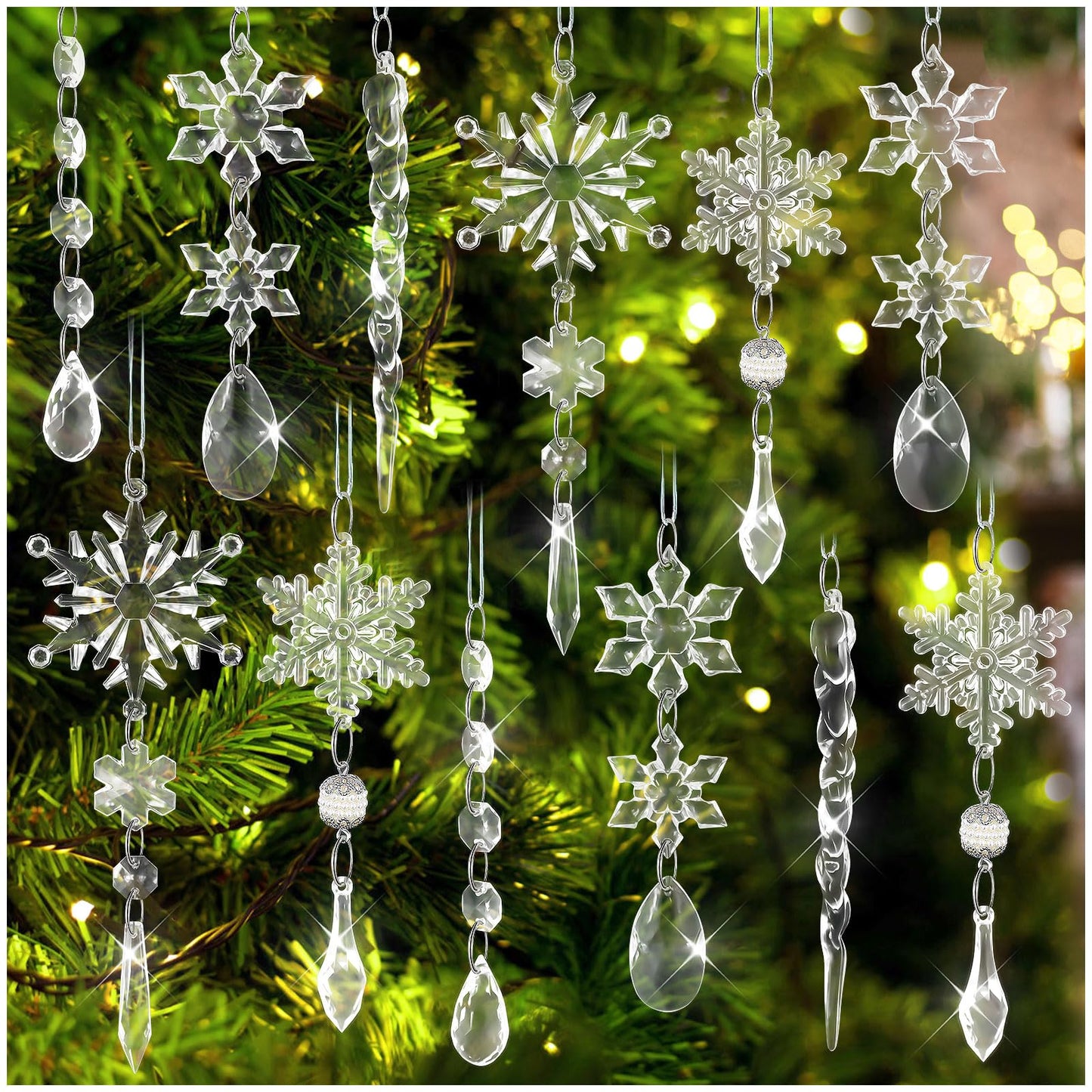 18Pcs Christmas Tree Decoration Crystal Ornaments,Christmas Hanging Snowflakes Decorations Acrylic Icicle Crystal Ornaments for Christmas Tree Winter New Year Party Decor Supplies