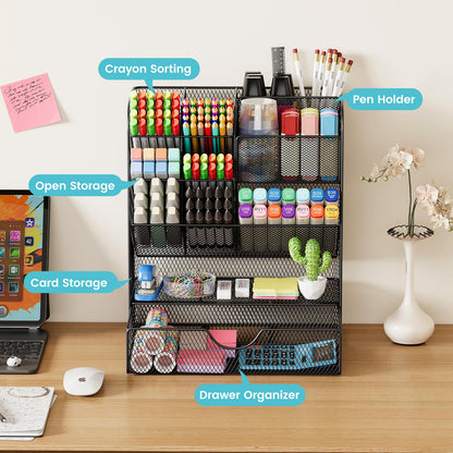 Desk Organizers and Accessories, Pen Holder for Desk Organizer with Drawer, Pencil Holder Office Desk Accessories Workspace Desktop Organizer for School Home Office Art Supplies（Black）