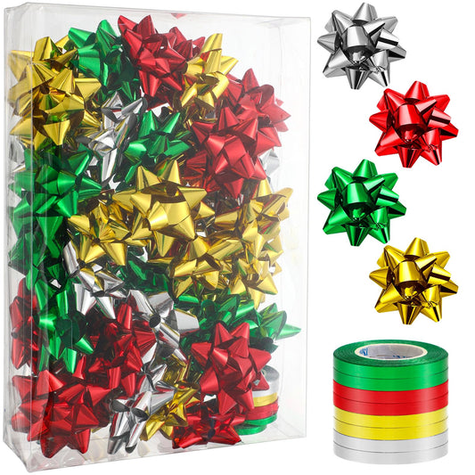 Riceshoot 48 Pcs Christmas Self Adhesive Gift Bows with 8 Rolls Curling Ribbons 3 inch Holiday Wrap Bows Metallic Christmas Bows for Christmas Gift Craft Decoration (Rose Gold, Green, Red, Silver)
