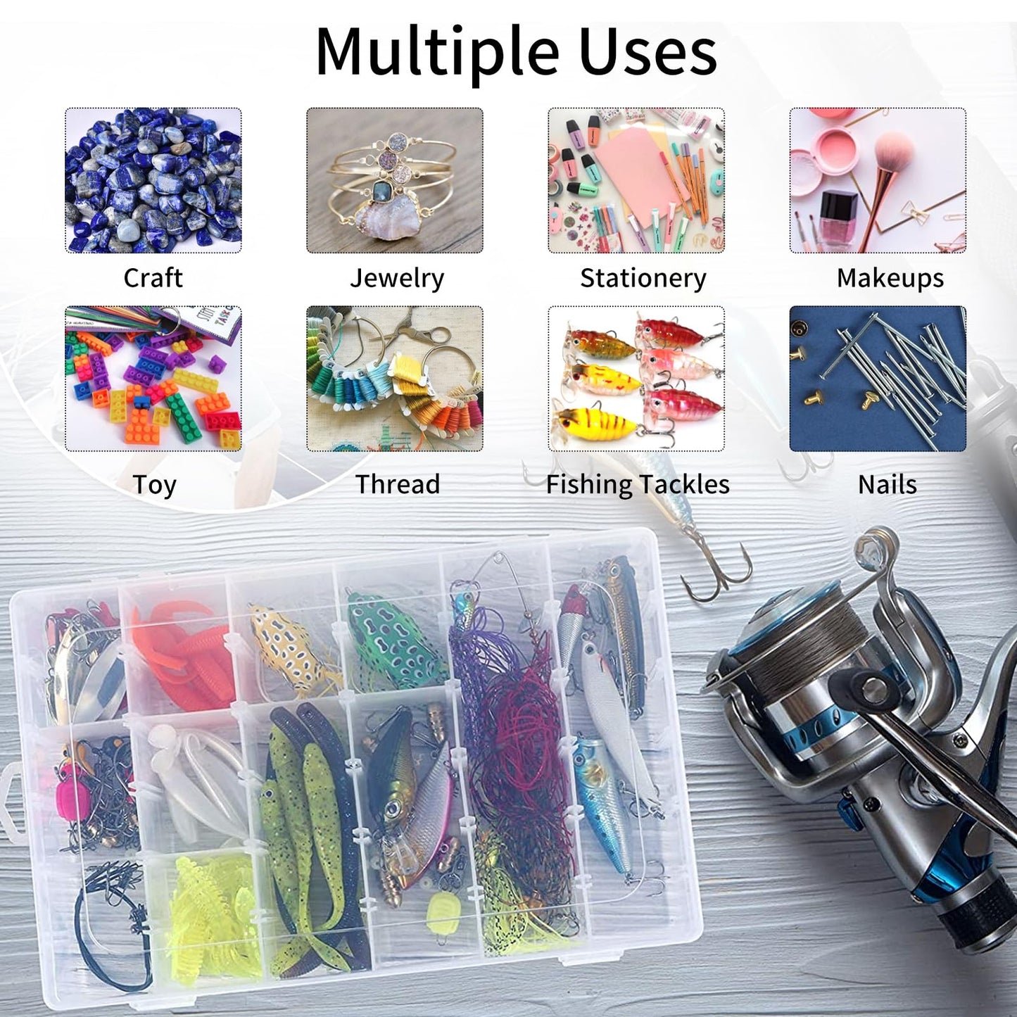 2 Pack 36 Grids Clear Plastic Bead Organizer Box, Fishing Tackle Box Compartment Organizer with Adjustable Dividers for Jewelry, Art Craft, Bead Storage Containers with 5 Sheets Label Stickers