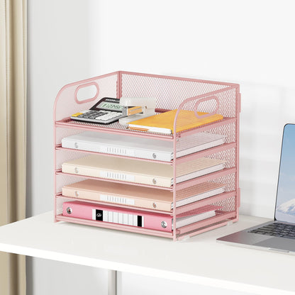 5 Tray Paper Organizer Letter Tray with Handle - Mesh Desk File Organizer, Paper Sorter Organizer for Office, Home or School File Folder Holder - Pink