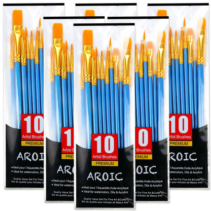 6 Packs / 60 pcs Nylon Hair Brushes for All Purpose Oil Watercolor Painting Artist Professional Kits