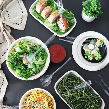 HD Disposable Serving Utensils Set (12), 10' Spoons, 6.5' Tongs, Clear