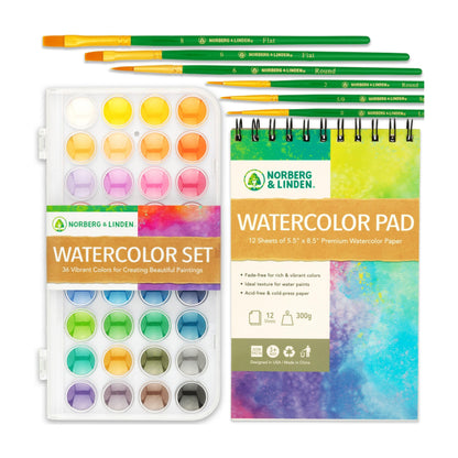 Watercolor Paint Set - 36 Premium Paints - 12 Page Pad - 6 Brushes - Painting Supplies with Palette, Watercolors, Art Pad Paper and Artist Brushes