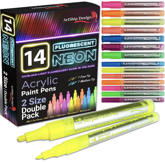14 Pack Neon UV Fluorescent Acrylic Paint Pens, Double Pack of Both Extra Fine and Medium Tip Paint Markers, for Rock Painting, Mug, Ceramic, Glass, and More, Water Based Non-Toxic and No Odor