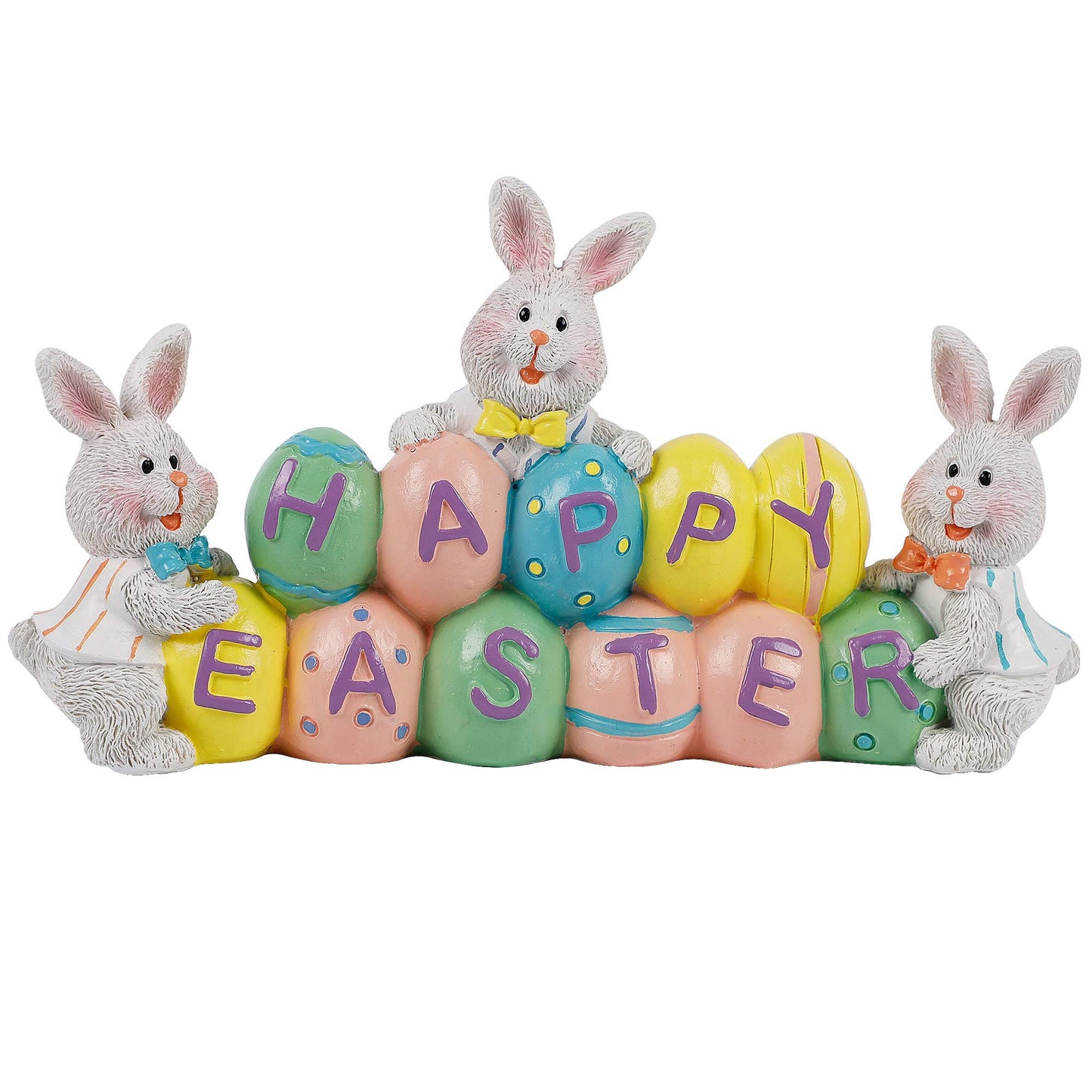 Easter Decorations Eggs Bunny, Hand-Painted Resin Tabletop Centerpiece, Decor Bunny Figurine for Home Room Table Office Party (Happy Easter)