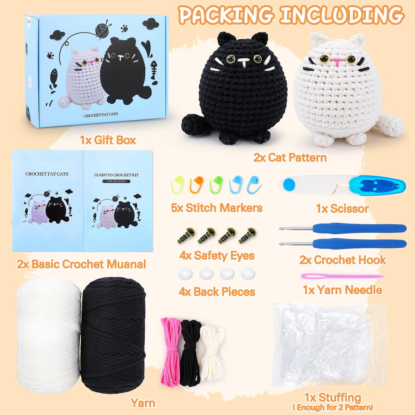 Crochet Kit for Beginners-2PCS Cat Crochet Kits for Adults Kids, Crochet Starter Kit with Step-by-Step Video Tutorials, Crochet Animals Kits DIY Craft Knitting Kit Learn to Crochet Kits for Adults