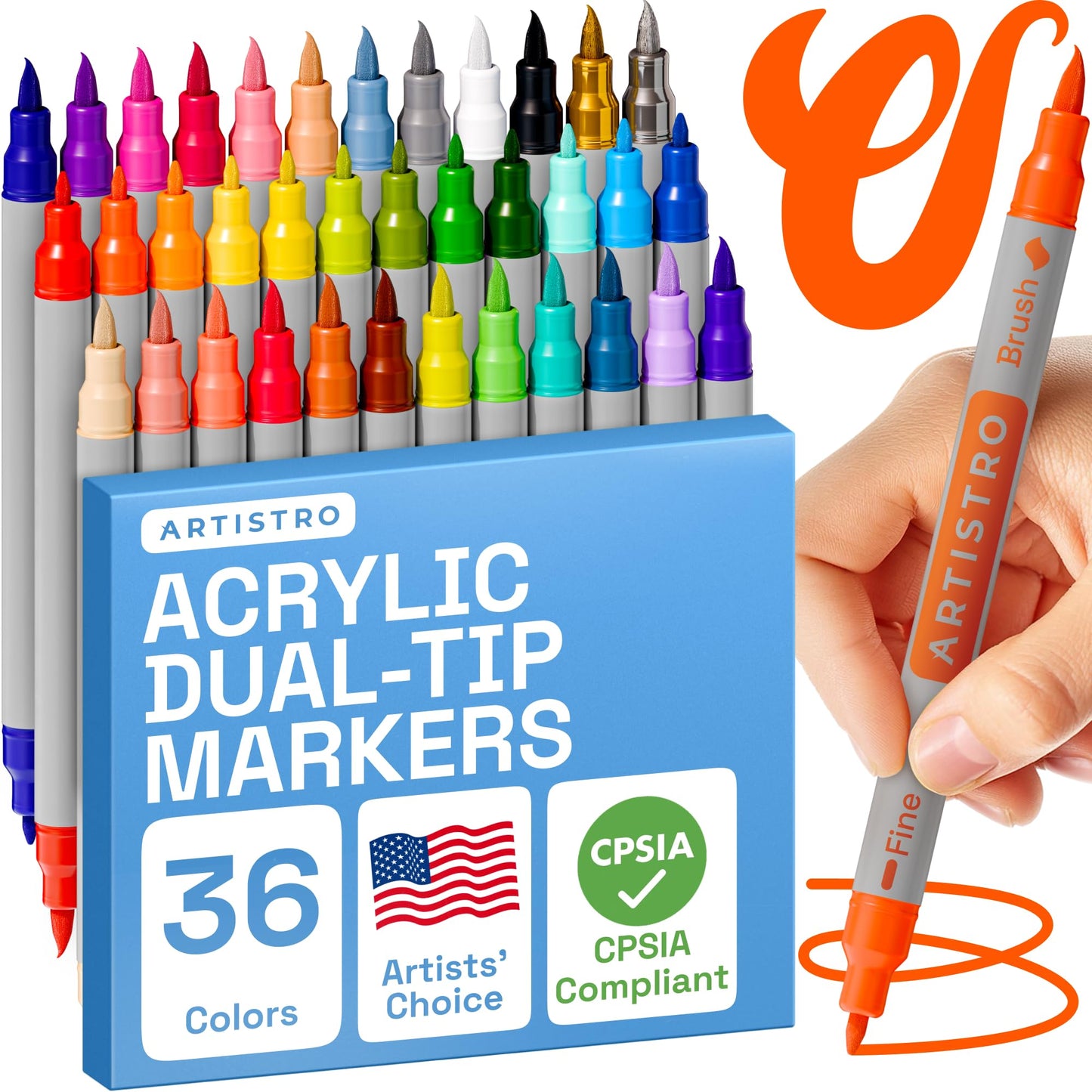 Dual Tip Acrylic Paint Markers - Easy for All Ages & Levels Acrylic Paint Pens for Fabric, Rocks, Paper, Wood, Canvas, Glass, DIY (Dual Tip Brush + Fine, 36)