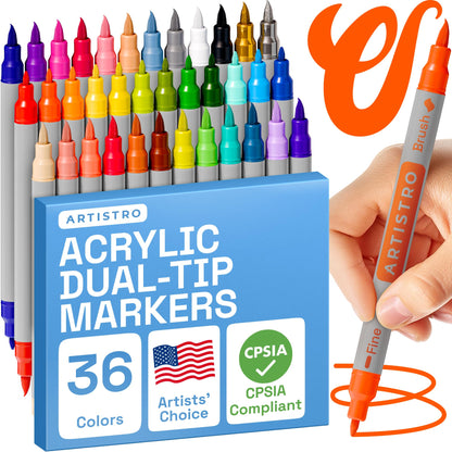 Dual Tip Acrylic Paint Markers - Easy for All Ages & Levels Acrylic Paint Pens for Fabric, Rocks, Paper, Wood, Canvas, Glass, DIY (Dual Tip Brush + Fine, 36)