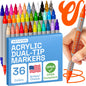Dual Tip Acrylic Paint Markers - Easy for All Ages & Levels Acrylic Paint Pens for Fabric, Rocks, Paper, Wood, Canvas, Glass, DIY (Dual Tip Brush + Fine, 36)