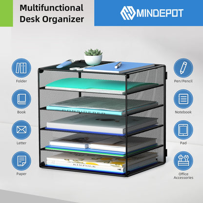 6 Tier Desk Organizer Paper Tray, Metal File Holder Desktop Organizers and Workspace Accessories for School Office Organization Storage Rack (1, Black)