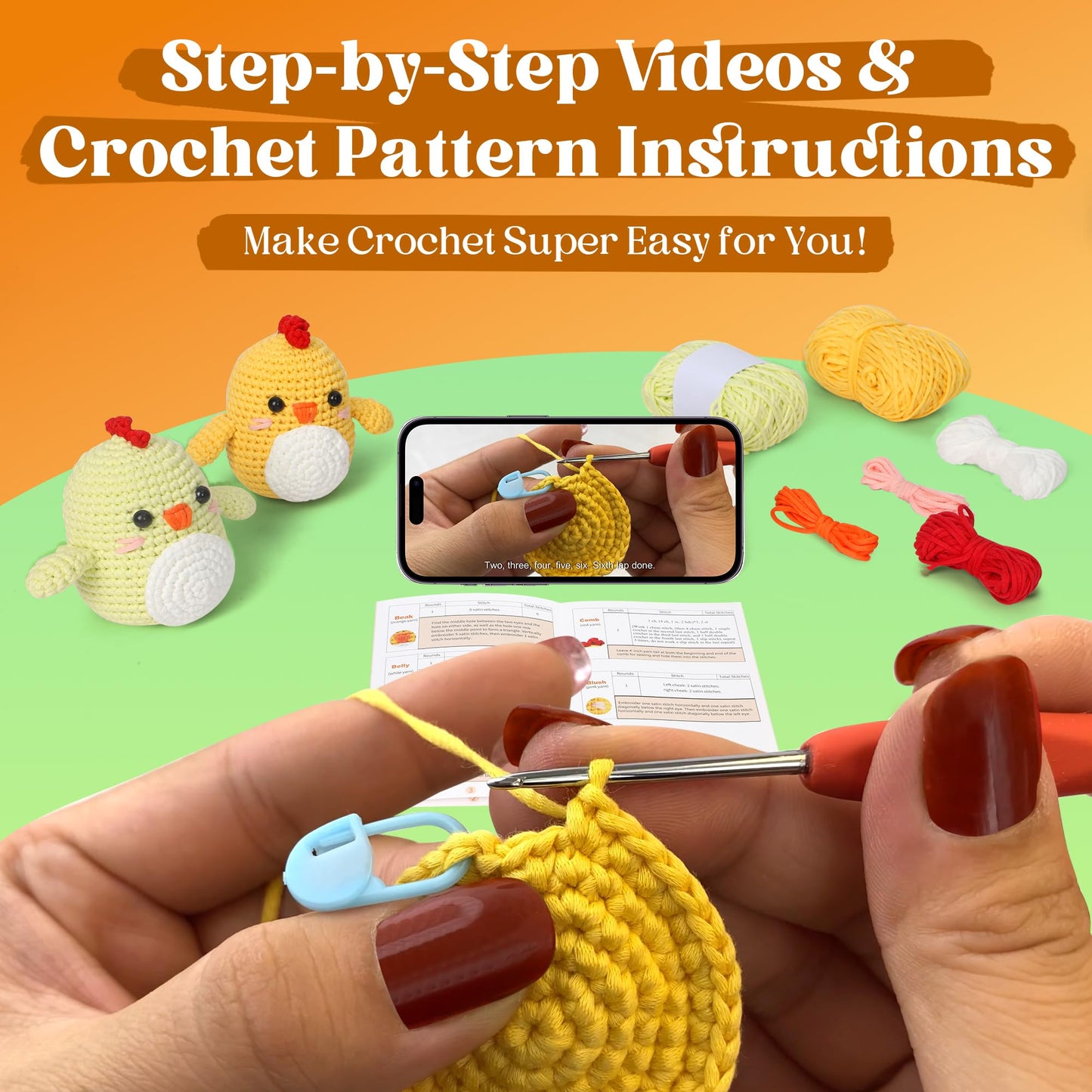 2 Pack Chick Crochet Kit for Beginners Adults Kids with Easy Yarn 3.5in Tall Animal Crocheting Starter Set with Step-by-Step Video Tutorials, DIY Knitting Kit with Complete Tools(Yellow+Green)