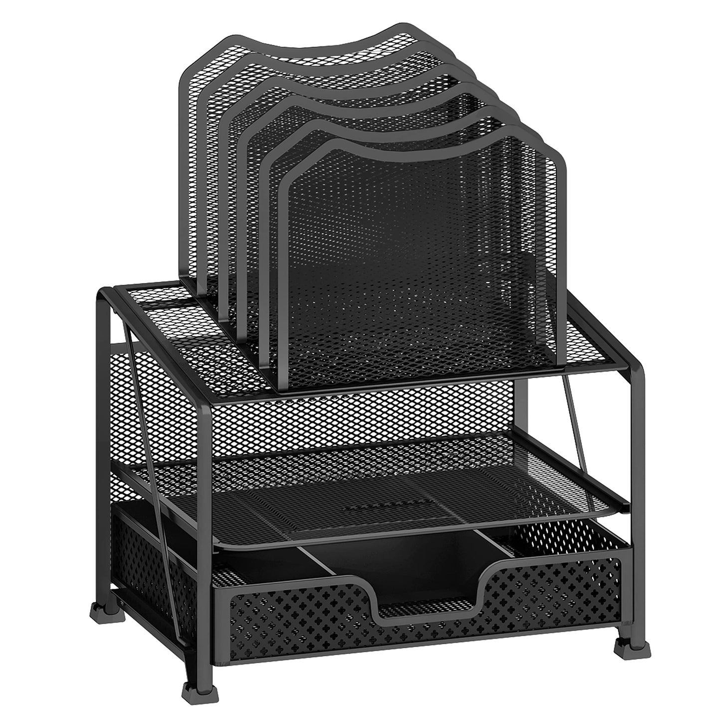 Mesh Desk Organizer with Sliding Drawer, Double Tray with 5 Sections File Bookshelf, Black
