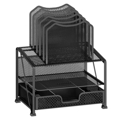 Mesh Desk Organizer with Sliding Drawer, Double Tray with 5 Sections File Bookshelf, Black