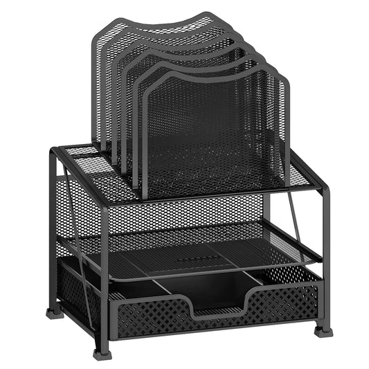 Mesh Desk Organizer with Sliding Drawer, Double Tray with 5 Sections File Bookshelf, Black