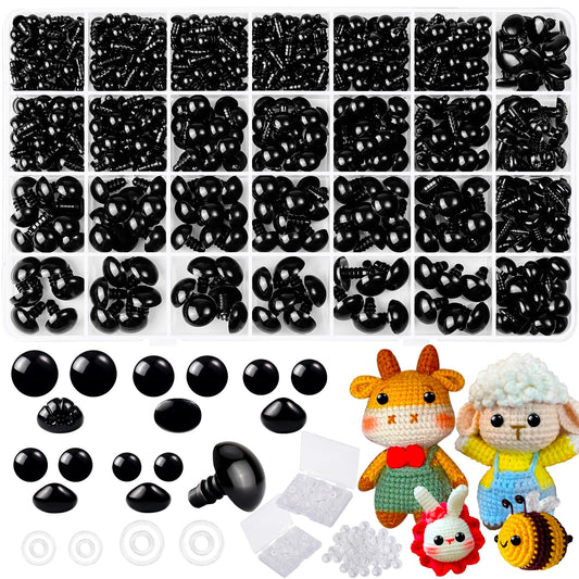 1000 Pcs 6-14mm Safety Eyes and Noses for Crochet, Black Plastic Safety Eyes with Washers, Craft Doll Eyes for Stuffed Animals, DIY Accessories, Safety Eyes for Amigurumi, Assorted Sizes