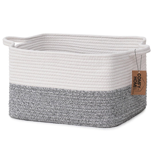 Cotton Rope Woven Basket with Handles for Shelves,Toys,Book, Cloth Storage Baskets Bin for Organizing-13.5"x11"x9.5" Toy Decorative Organizer for Living Room, Bathroom-White/Grey