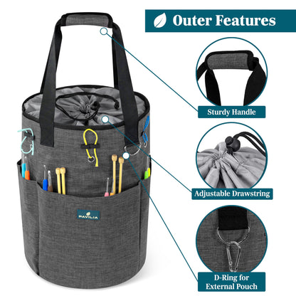 Crochet Bag Knitting Bag Organizer, Yarn Bag Storage Tote for Crocheting On The Go, Knitting Accessories Supplies Holder with Grommets, Gift for Crochet Lovers Knitters (Charcoal Gray)