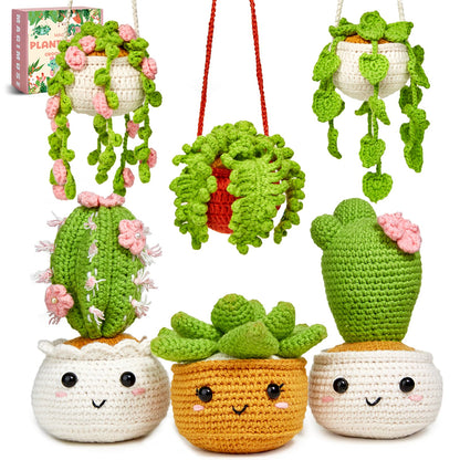 Crochet Kit for Beginners, Crochet Starter Kits for Adults Amigurumi Craft Knitting Crocheting Kits with Step-by-Step Video Tutorials, 6 Pack Hanging Potted Plants Family(40%+ Yarn